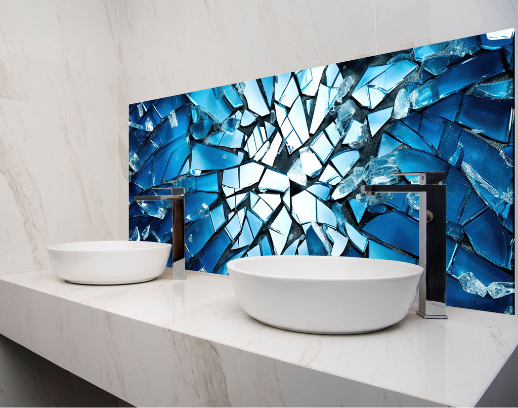 a bathroom with two sinks and a mosaic wall