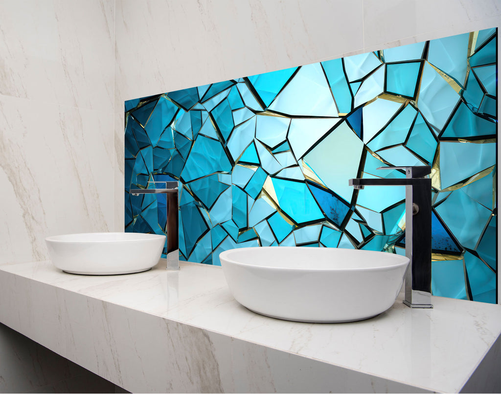 two white bowls on a counter in front of a mosaic wall