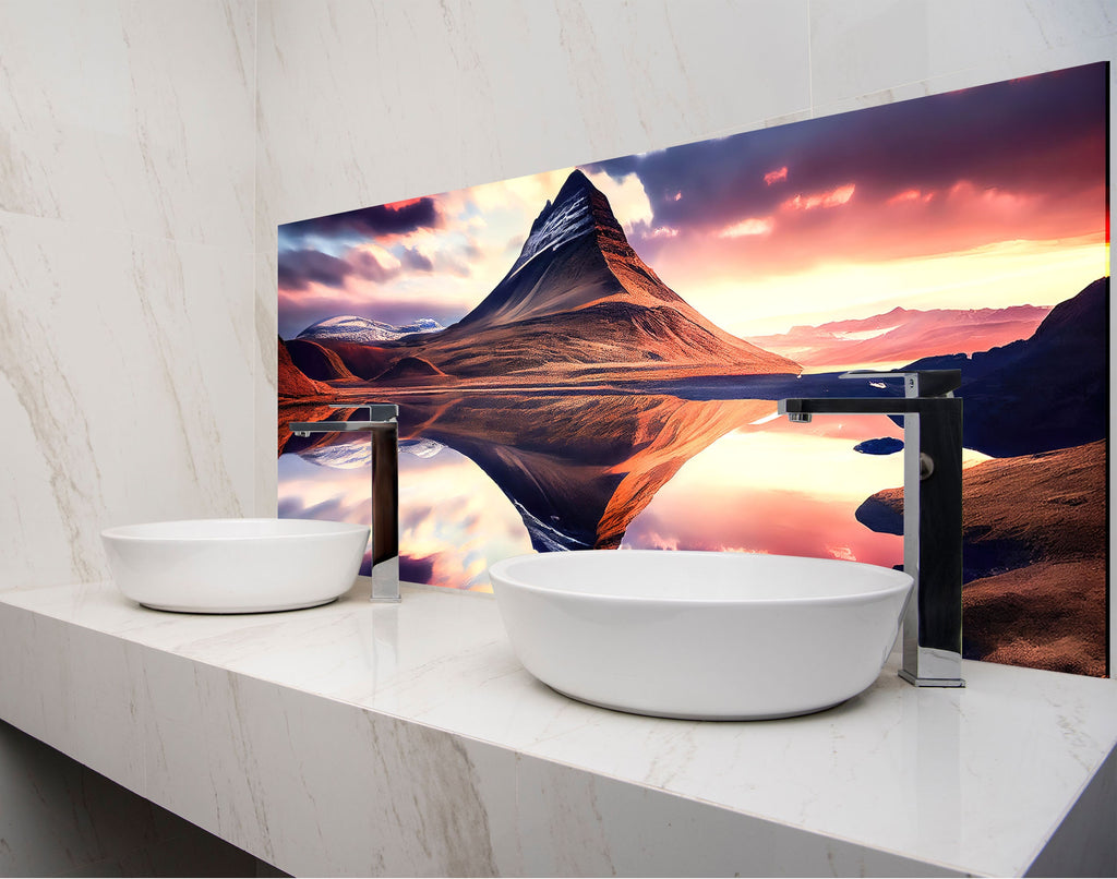 a bathroom with two sinks and a large picture on the wall