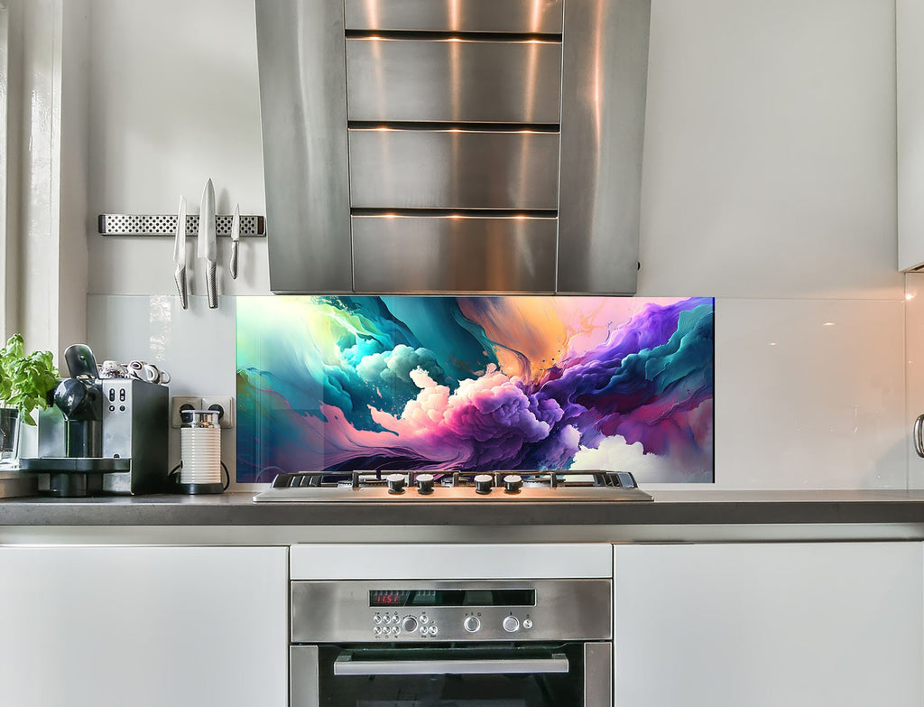 a kitchen with stainless steel appliances and a large painting on the wall