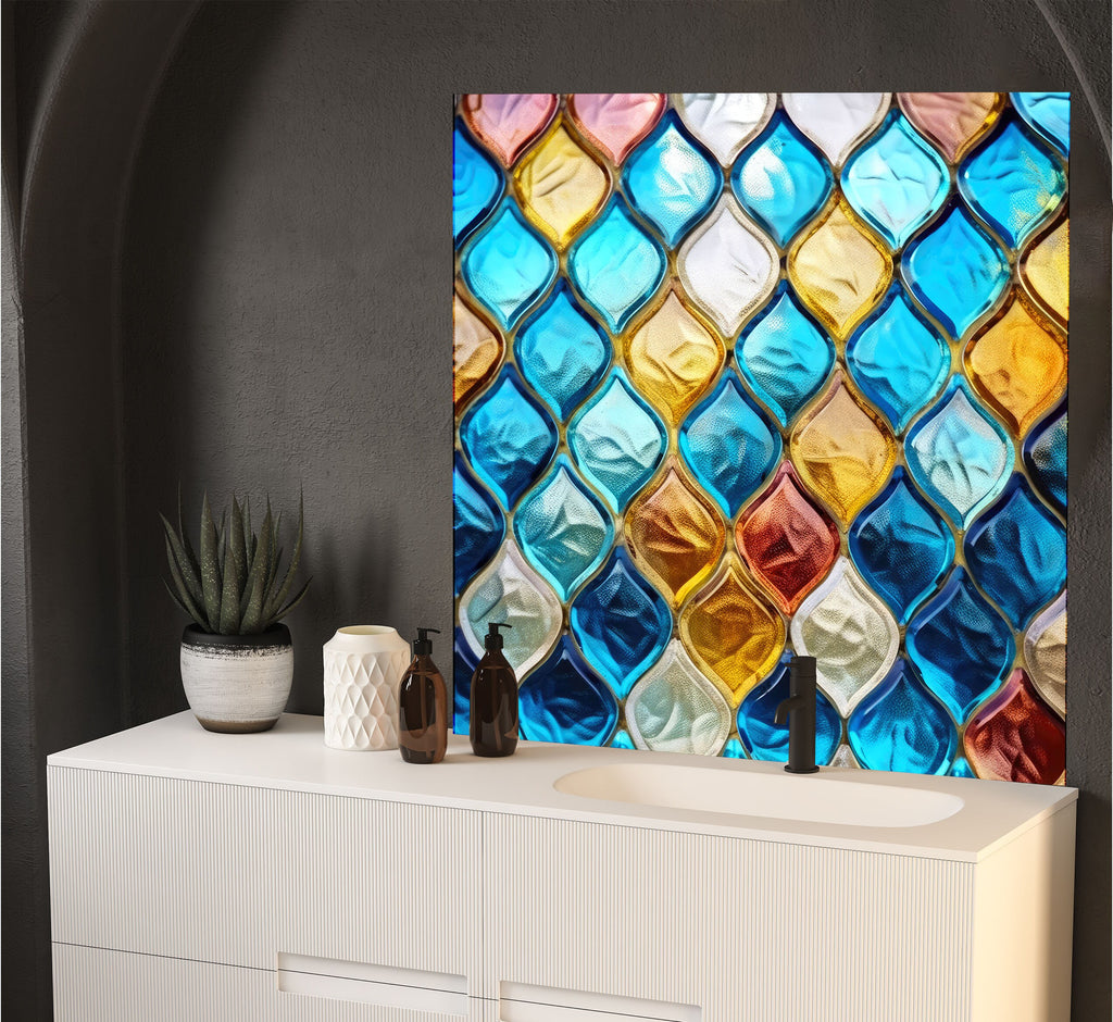 a picture of a colorful glass window in a room