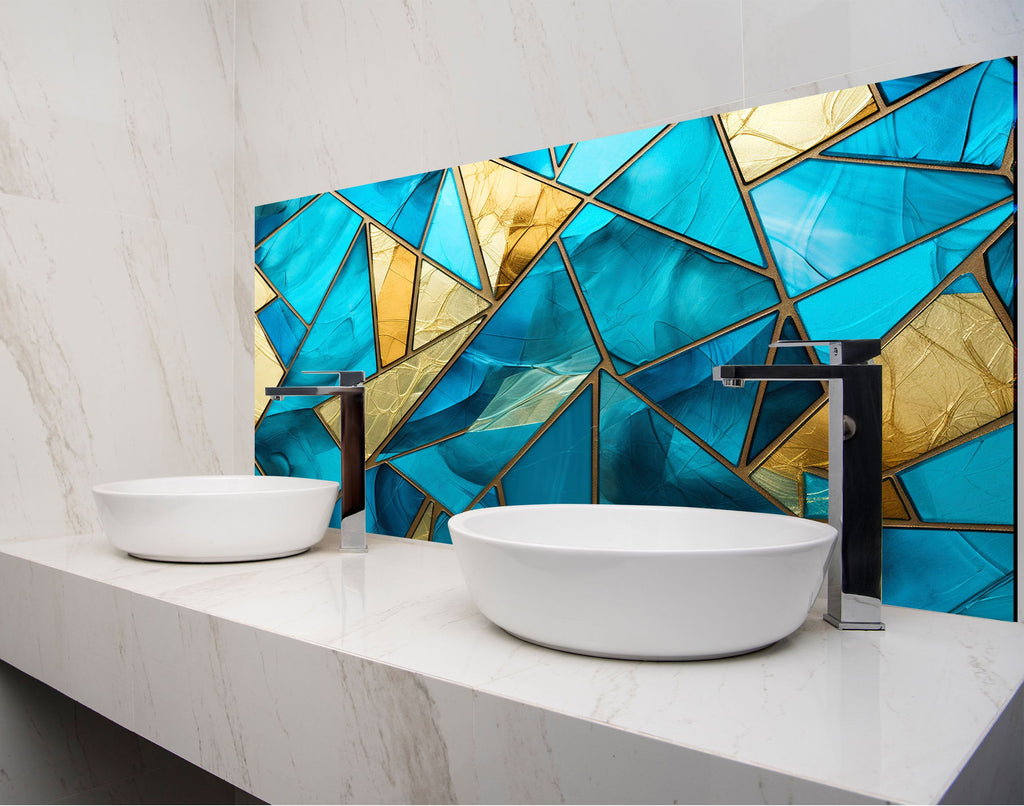 a bathroom with two sinks and a mosaic wall