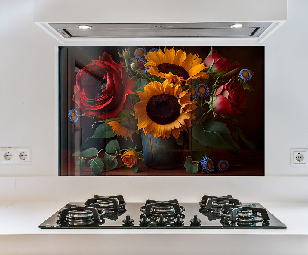 a painting of sunflowers and roses in a vase on a stove