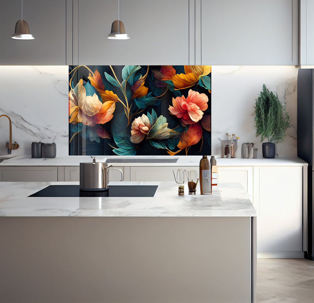 a kitchen with a large painting on the wall