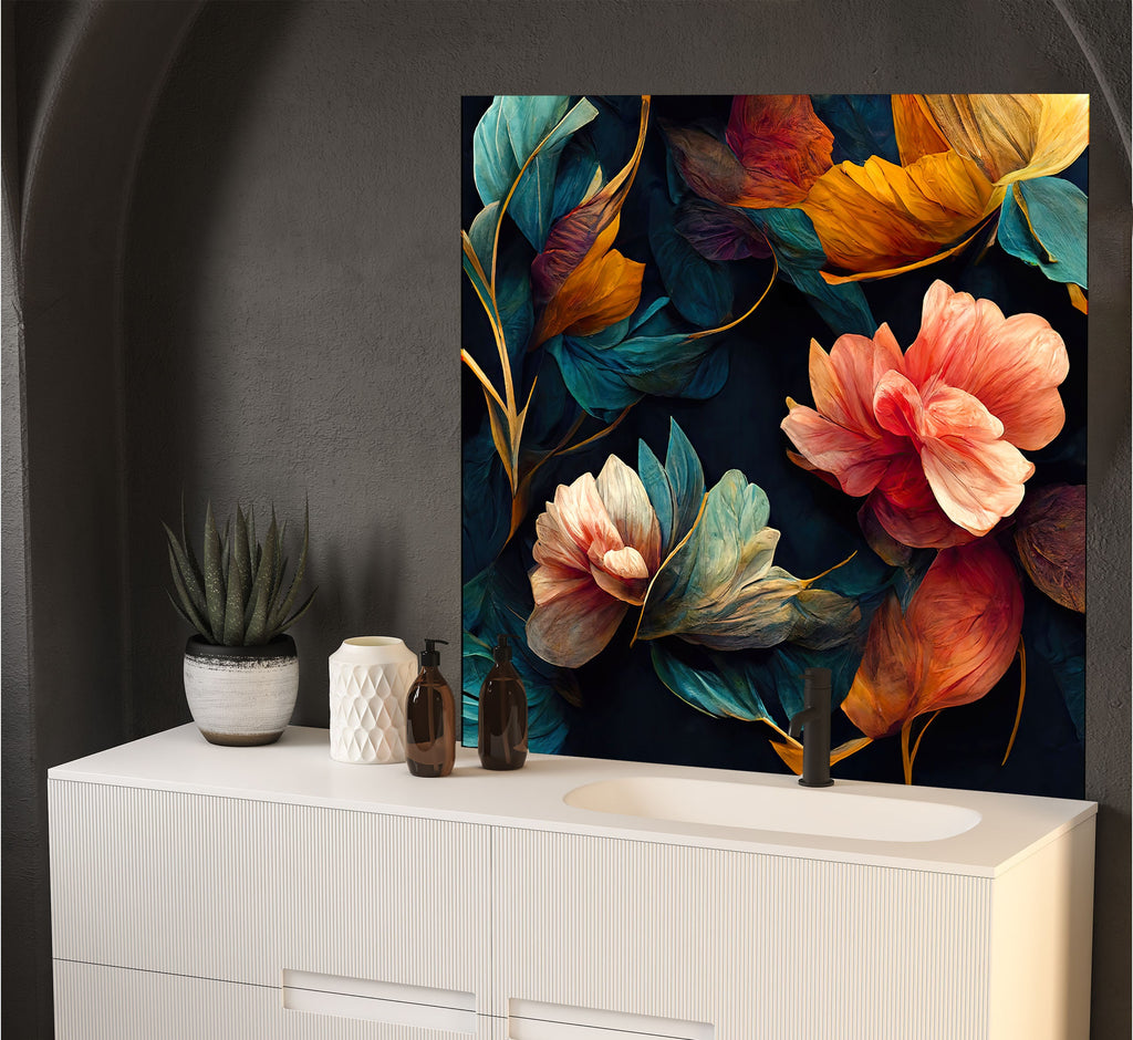 a painting of flowers on a wall next to a dresser