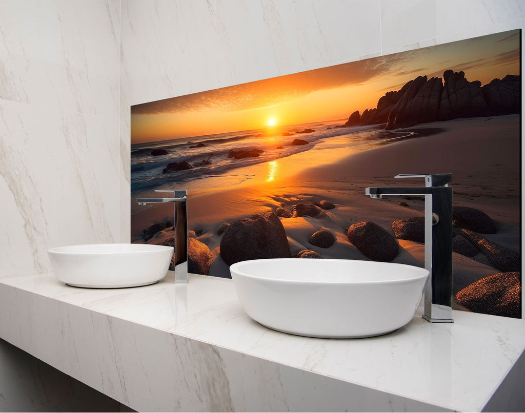 a bathroom with two sinks and a large picture on the wall