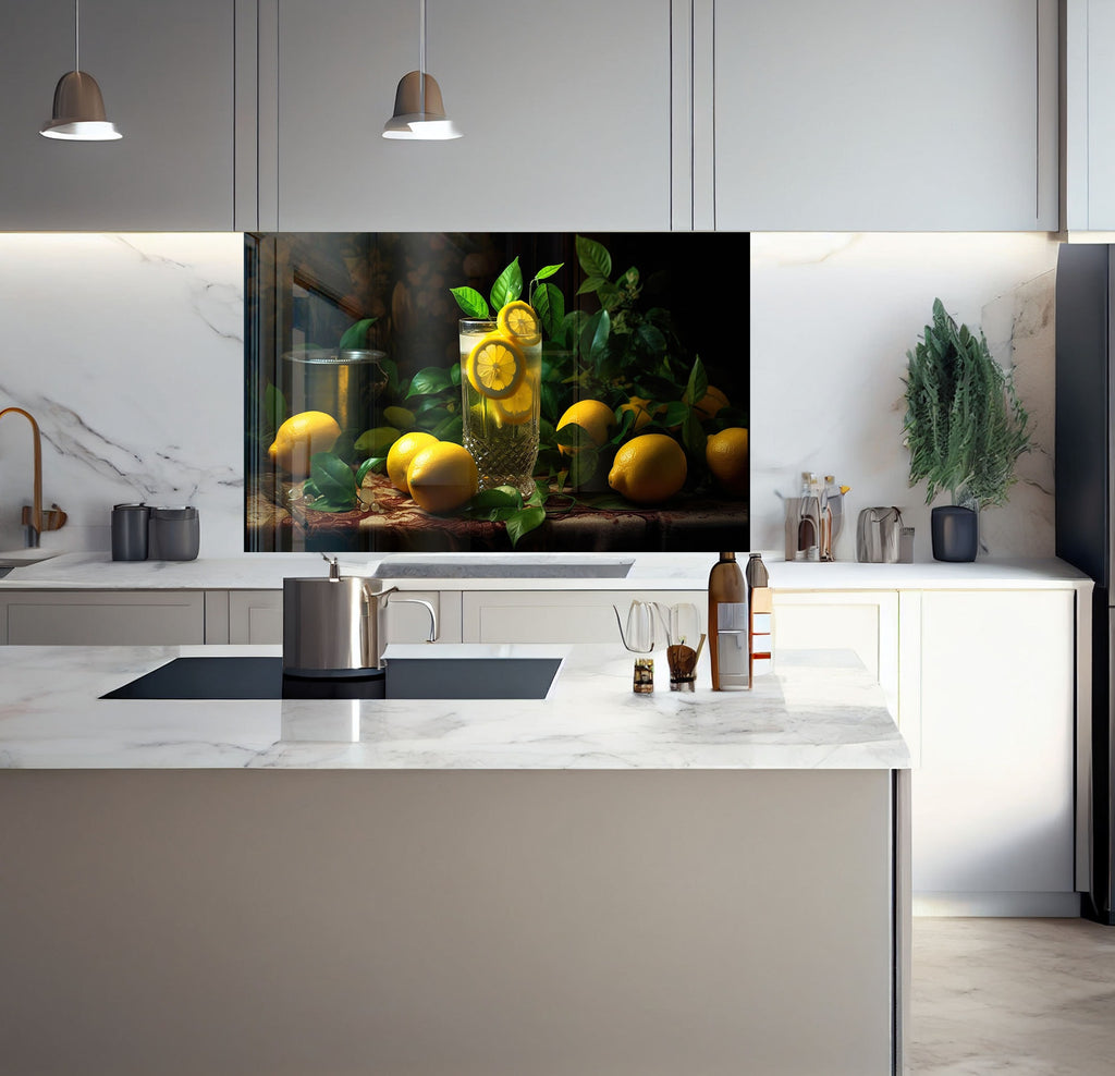 a kitchen with a large painting of lemons on the wall