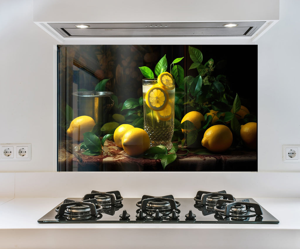 a picture of lemons and a glass of water on a stove