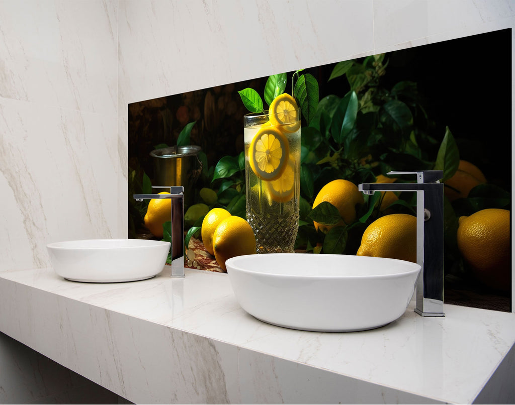 a bathroom with two sinks and a large picture of lemons on the wall