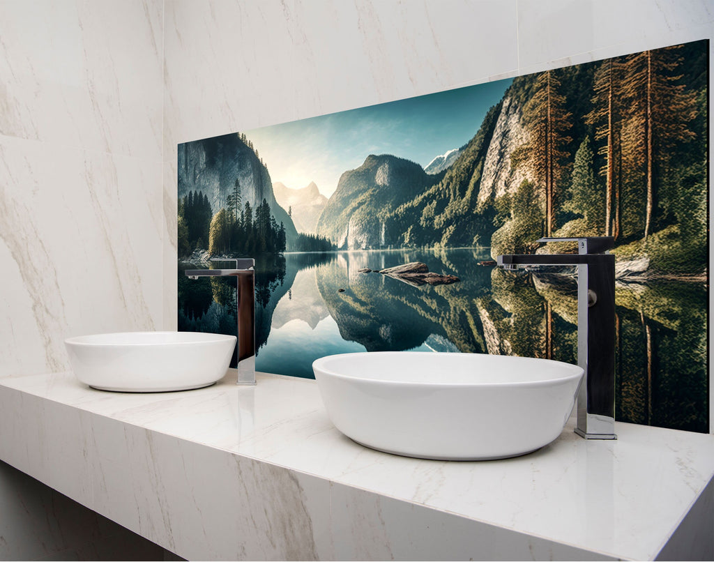 a bathroom with two bowls on the counter