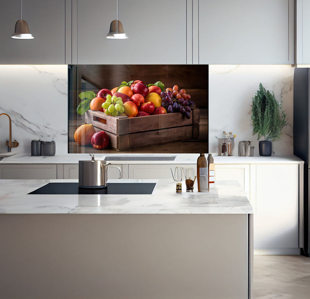 a picture of a box of fruit on a kitchen counter