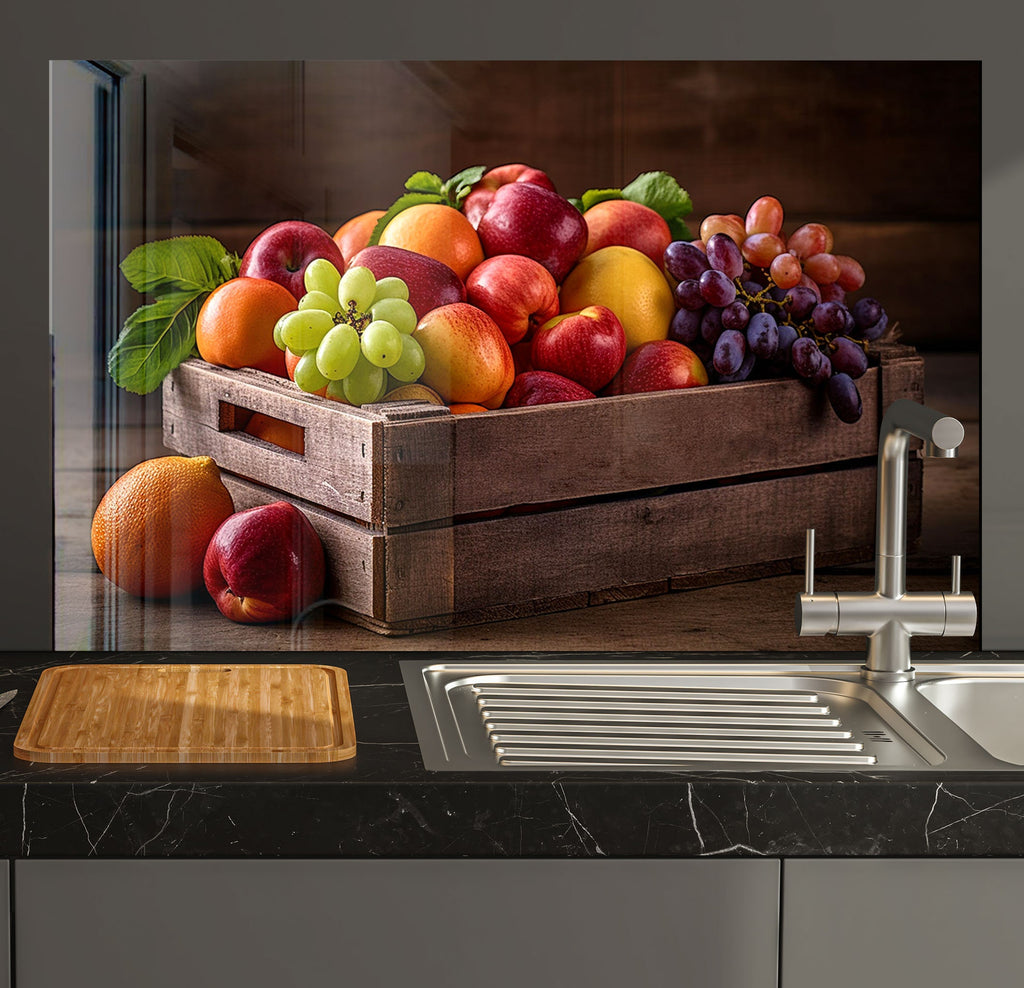 a painting of a crate of fruit on a kitchen counter