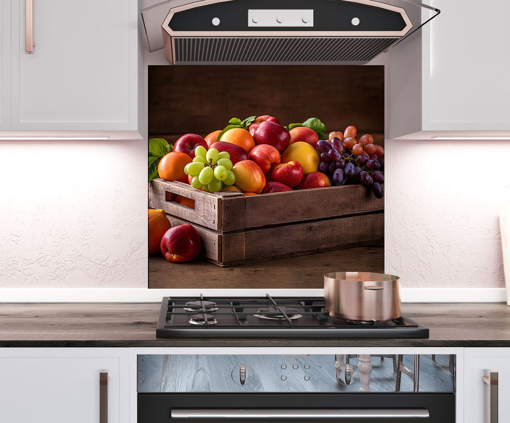 a painting of a crate of fruit on a kitchen counter