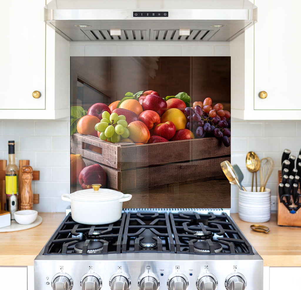 a painting of a box of fruit on a stove