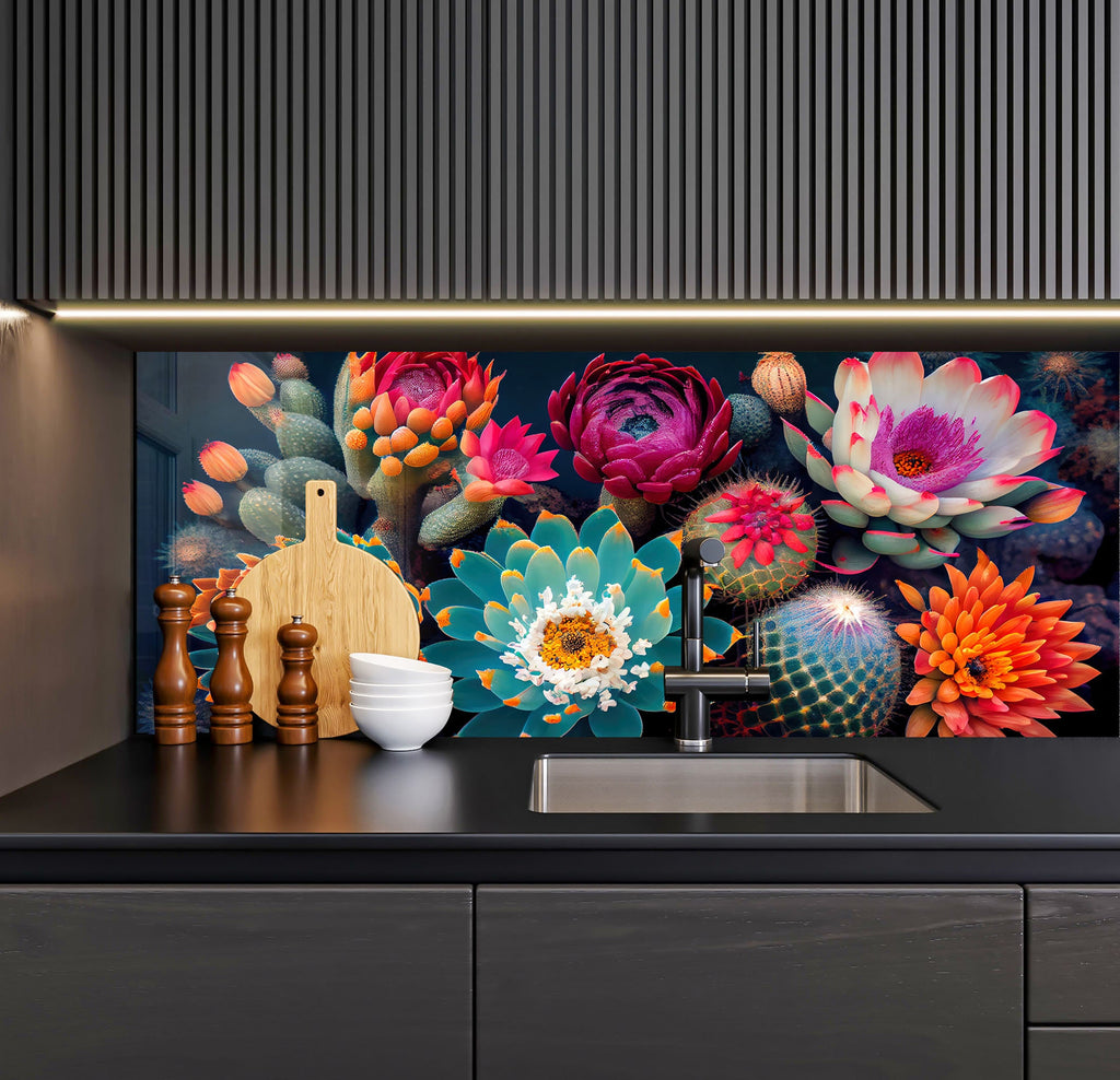 a kitchen with a sink and a painting on the wall