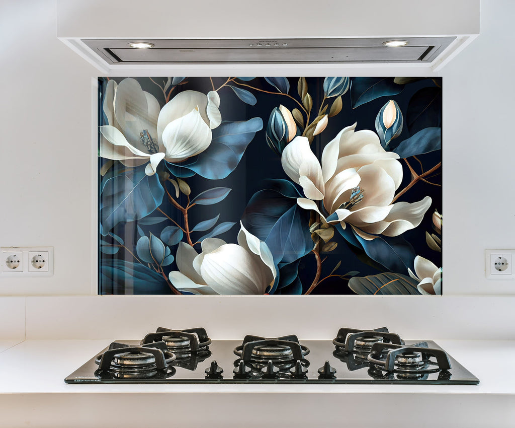 a picture of a kitchen with a floral design on the wall