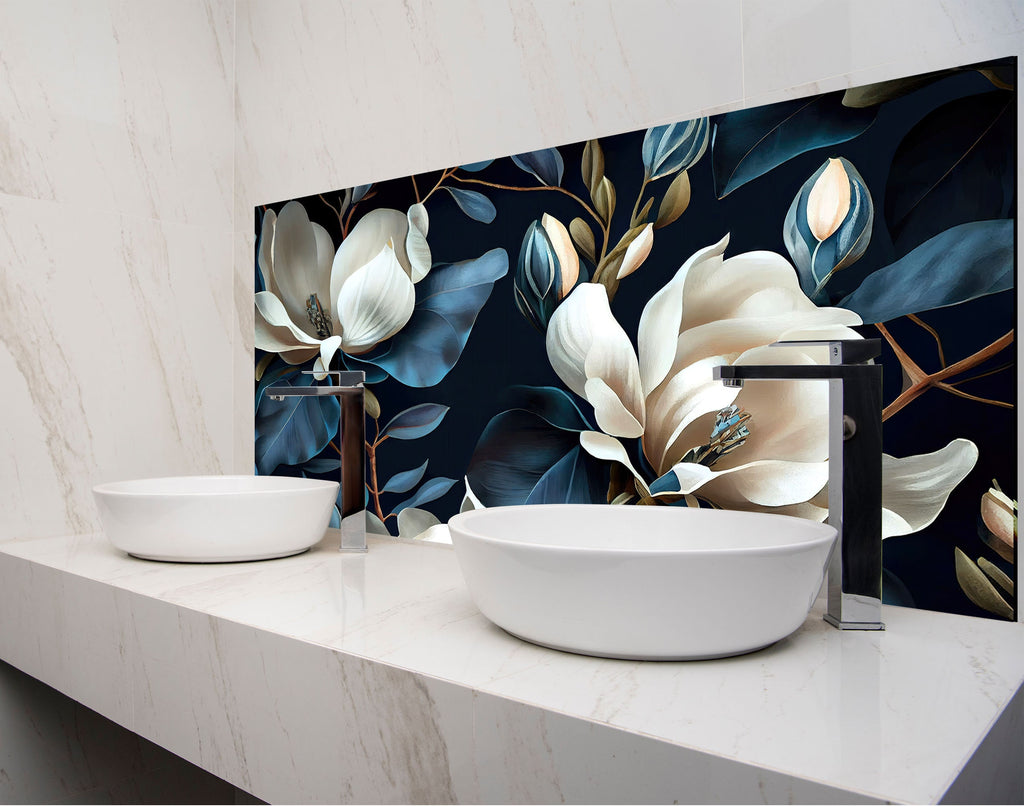 a bathroom with two sinks and a floral wallpaper