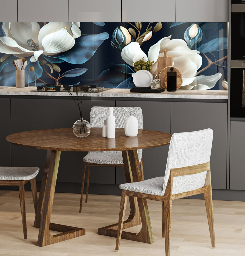 a kitchen with a wooden table and white chairs