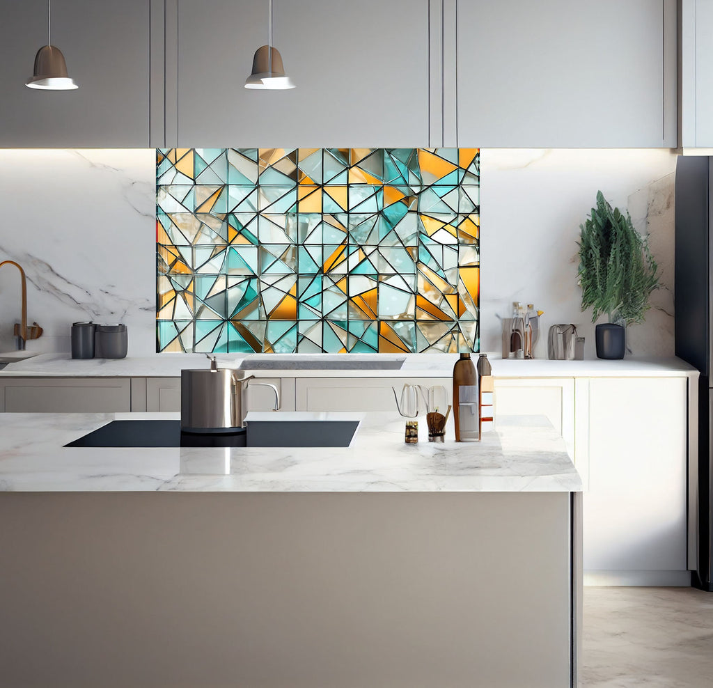 a kitchen with a marble counter top and a painting on the wall