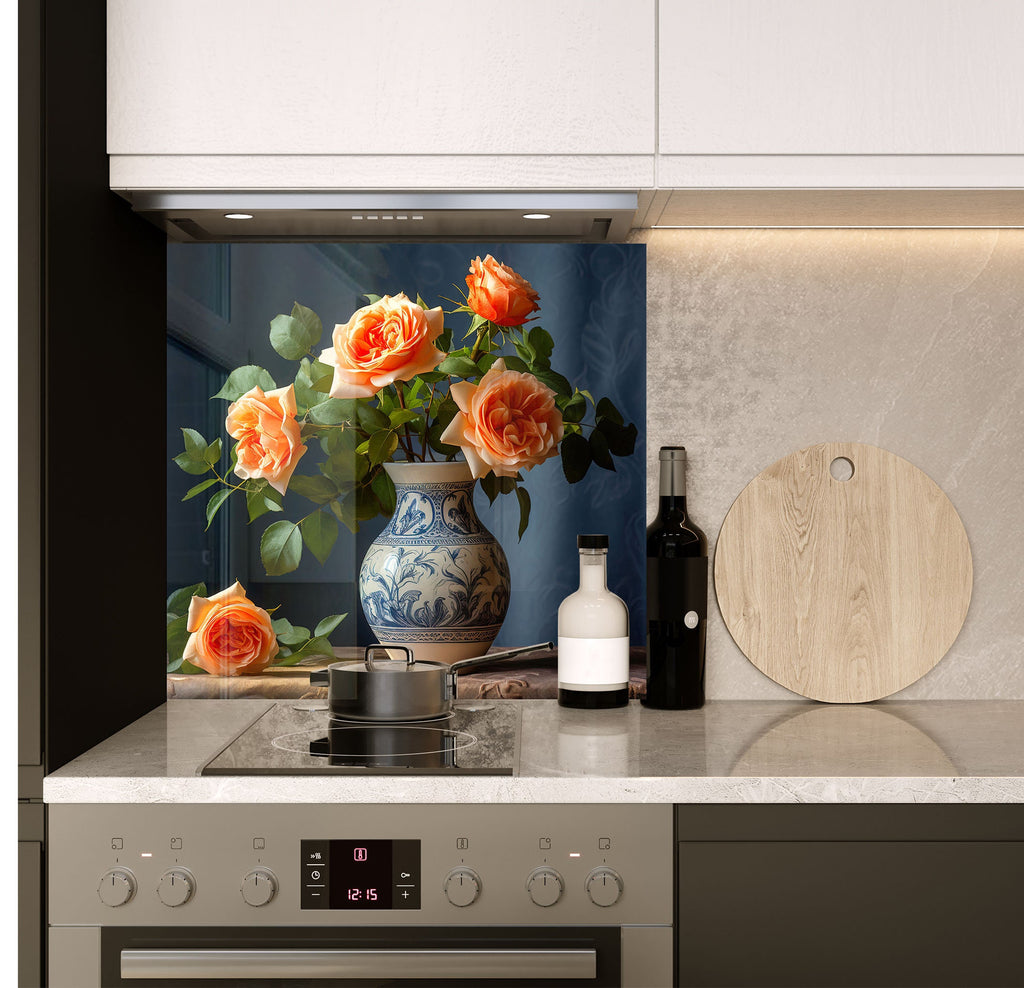 a vase of flowers on a kitchen counter