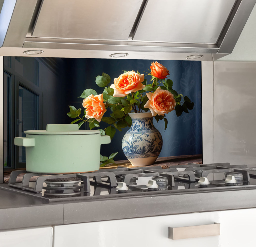 a vase of flowers sitting on top of a stove