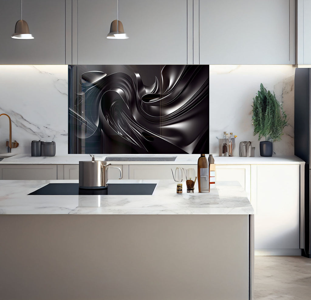 a kitchen with a marble counter top and a painting on the wall