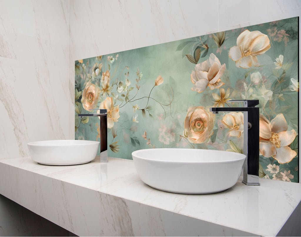 a bathroom with two sinks and a floral wallpaper