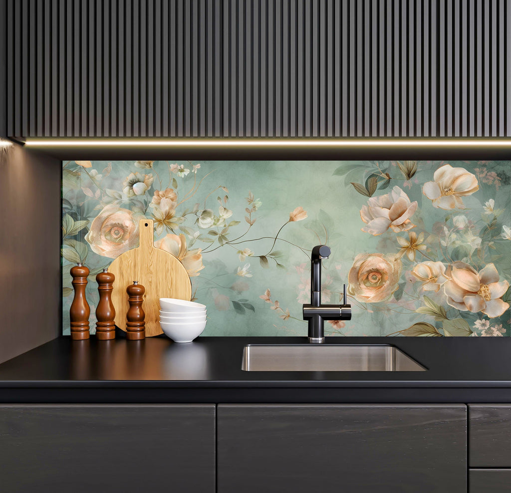 a kitchen with a sink and a wallpaper behind it