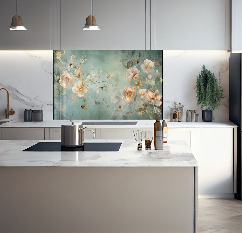 a kitchen with marble counter tops and a painting on the wall