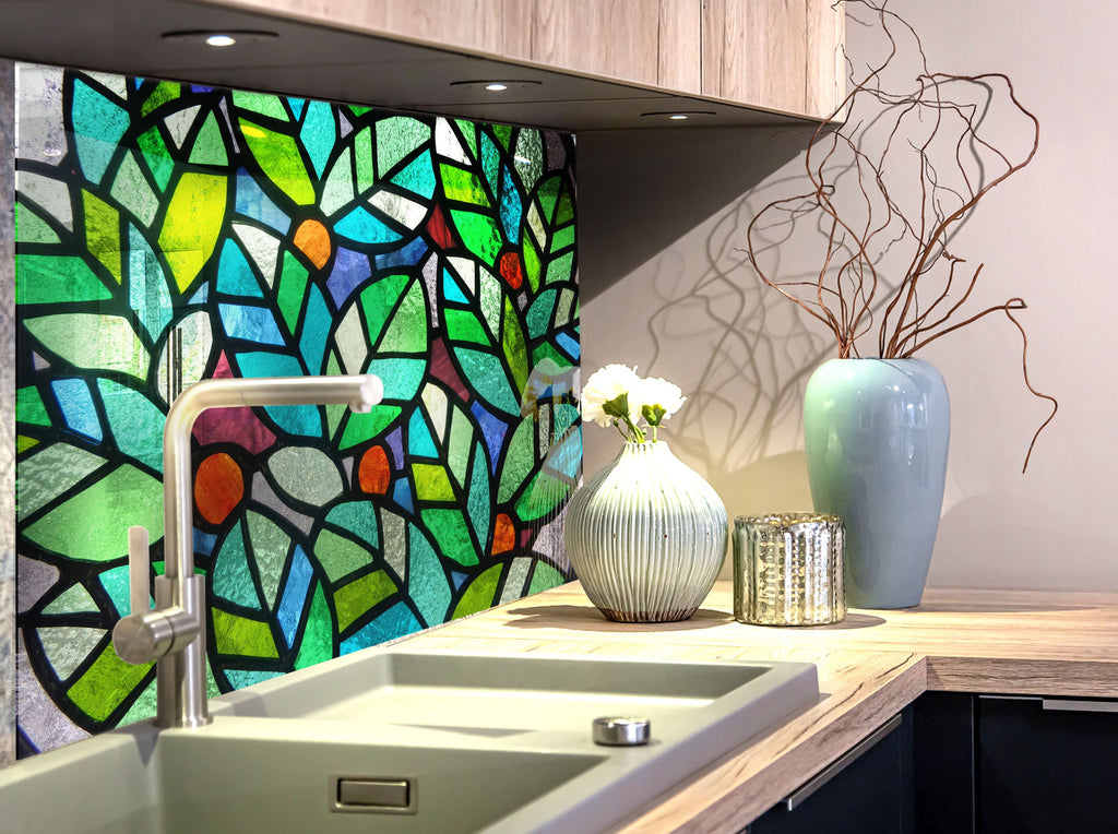 Botanical Bliss Stained - Glass Kitchen Backsplash-BacksplashArtworks