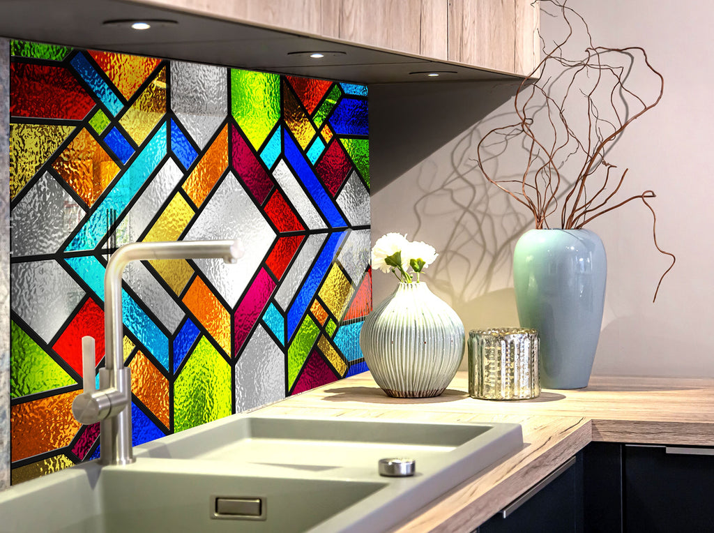 Vibrant Geometric Stained - Glass Kitchen Backsplash-BacksplashArtworks