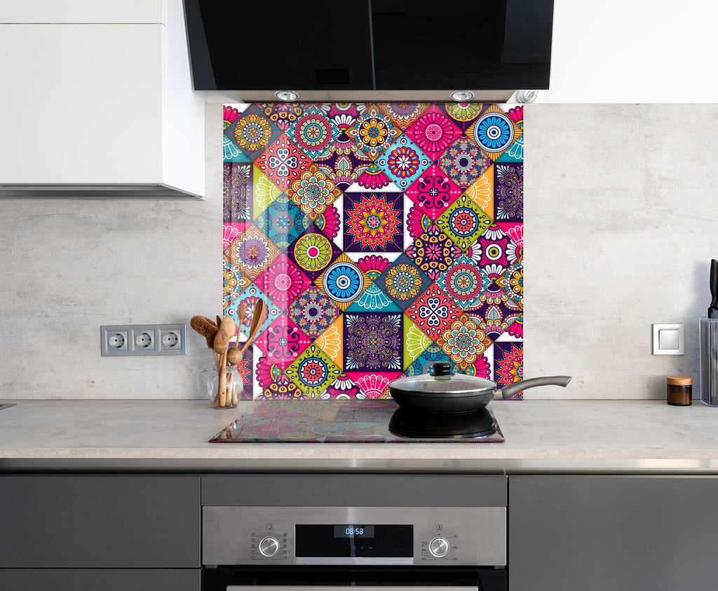 Vibrant Boho Mosaic Glass Kitchen Backsplash - Colorful Geometric Design-BacksplashArtworks