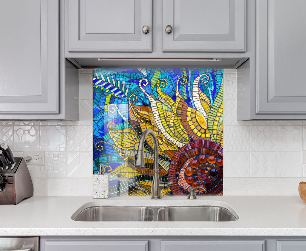 Vibrant Sunflower Mosaic Glass Kitchen Backsplash – Stained Glass Design-BacksplashArtworks