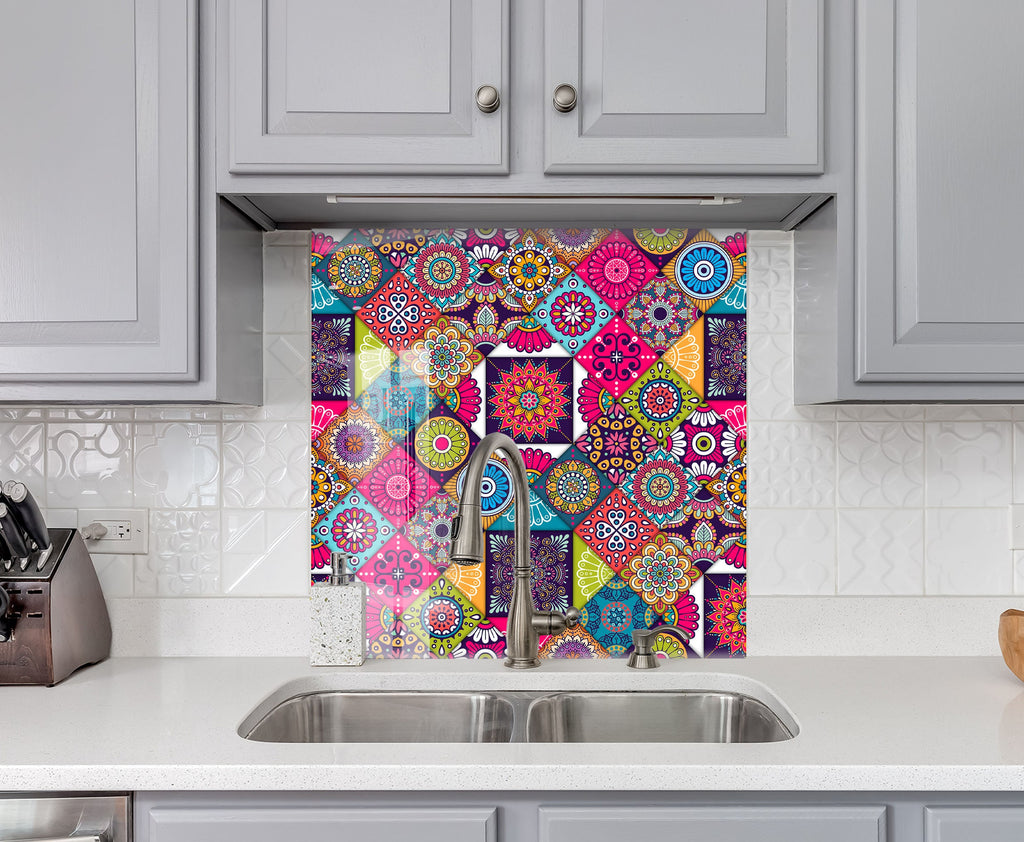 Vibrant Boho Mosaic Glass Kitchen Backsplash - Colorful Geometric Design-BacksplashArtworks