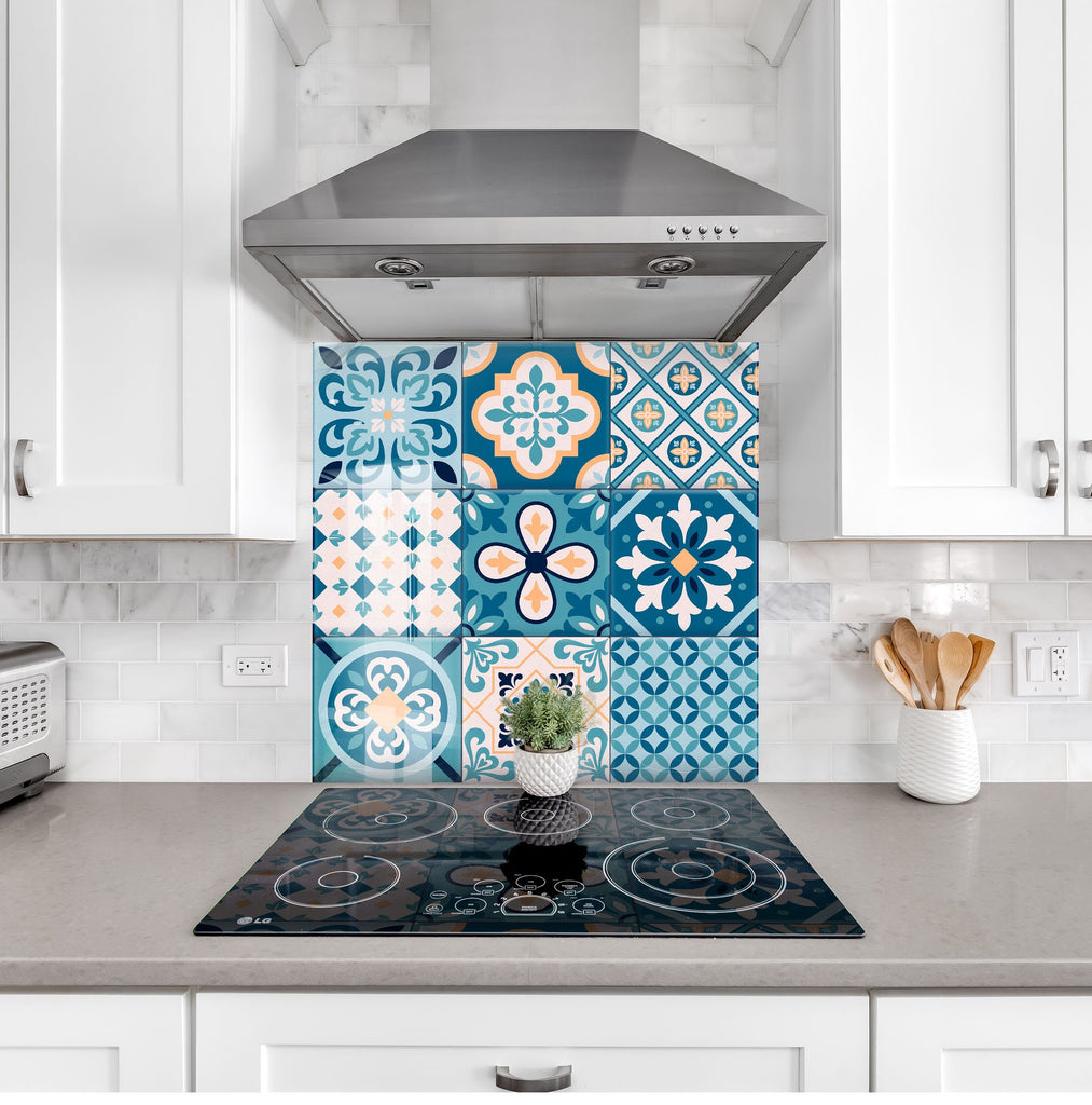 Vibrant Moroccan Tile Mosaic Glass Kitchen Backsplash - Blue Design-BacksplashArtworks