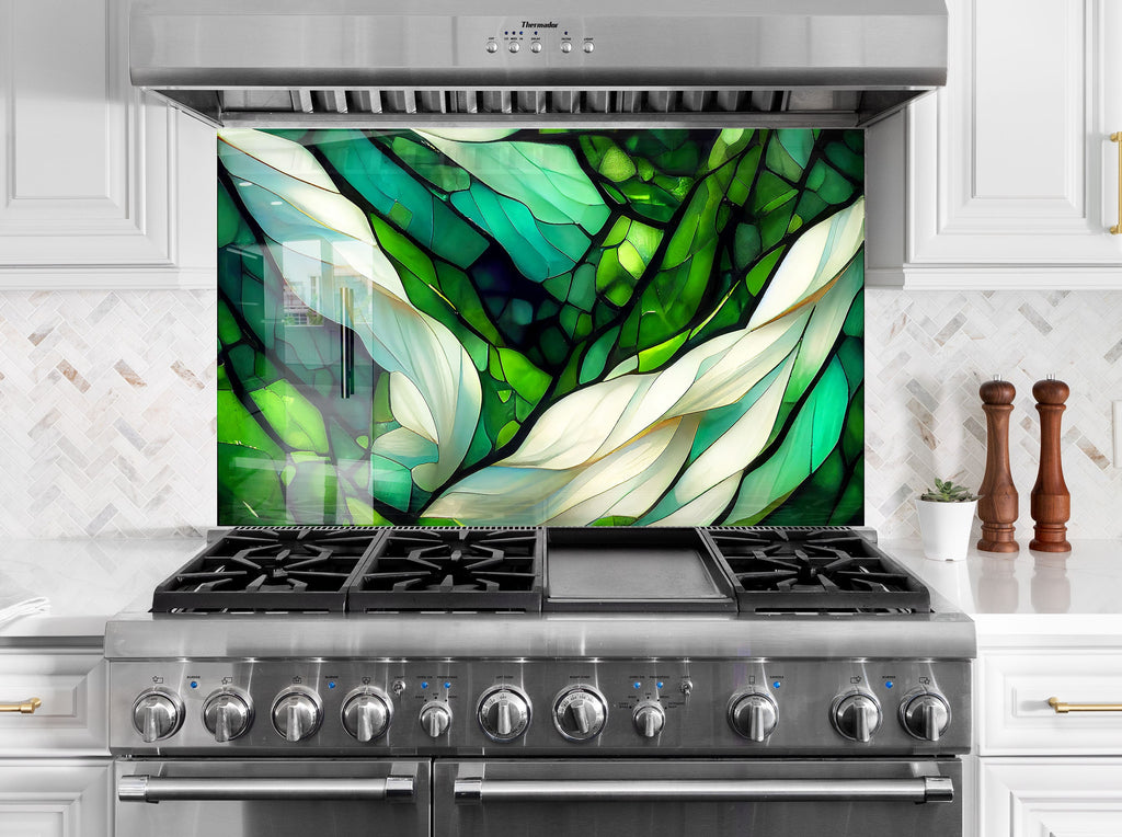 Emerald Botanical Stained - Glass Kitchen Backsplash-BacksplashArtworks