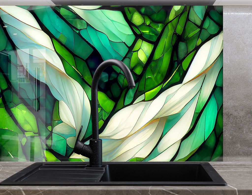 Emerald Botanical Stained - Glass Kitchen Backsplash-BacksplashArtworks