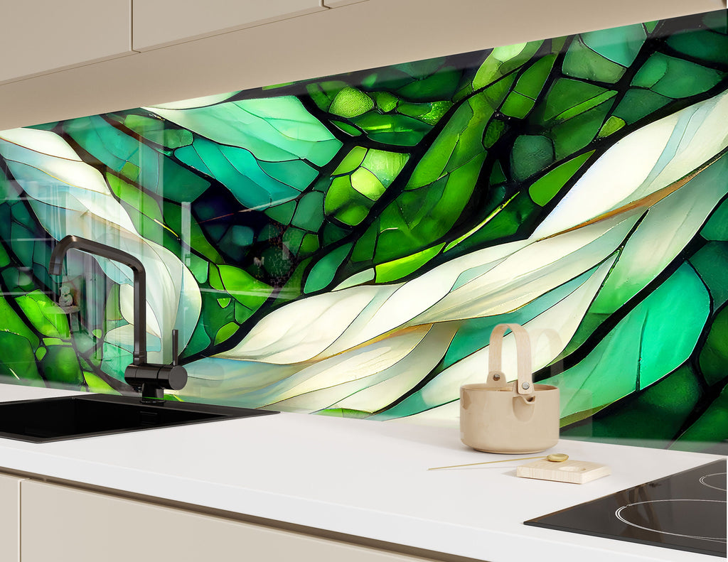 Emerald Botanical Stained - Glass Kitchen Backsplash-BacksplashArtworks