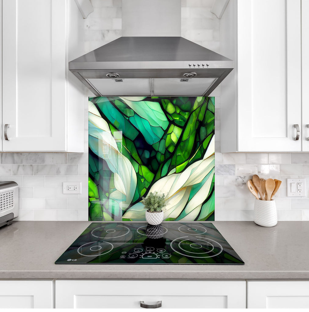 Emerald Botanical Stained - Glass Kitchen Backsplash-BacksplashArtworks