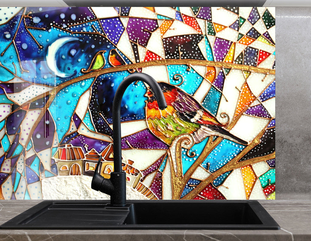 Vibrant Stained Glass Mosaic Kitchen Backsplash - Colorful Birds in Night Sky Design-BacksplashArtworks