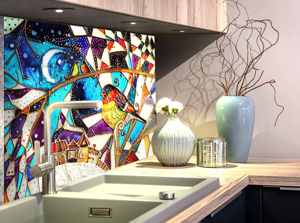 Vibrant Stained Glass Mosaic Kitchen Backsplash - Colorful Birds in Night Sky Design-BacksplashArtworks