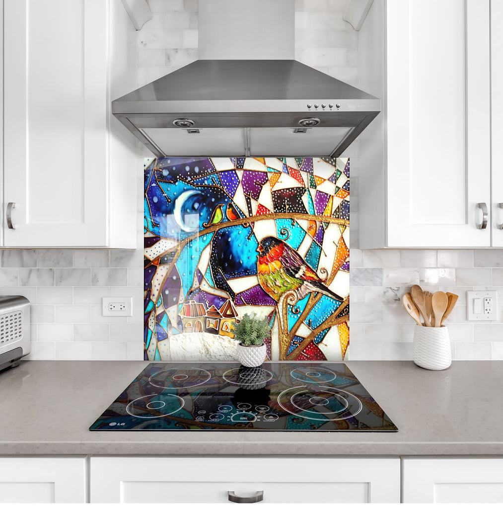 Vibrant Stained Glass Mosaic Kitchen Backsplash - Colorful Birds in Night Sky Design-BacksplashArtworks