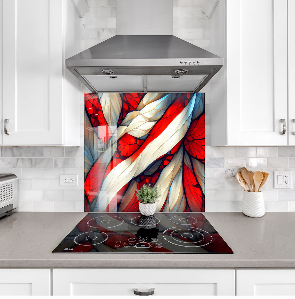 Red & White Flow Stained - Glass Kitchen Backsplash-BacksplashArtworks