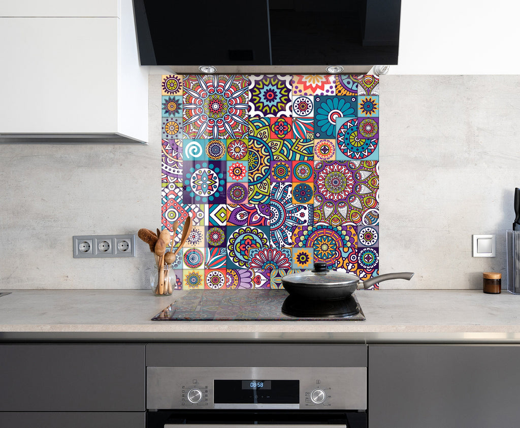 Vibrant Boho Mosaic Glass Kitchen Backsplash - Colorful Mandala Design-BacksplashArtworks