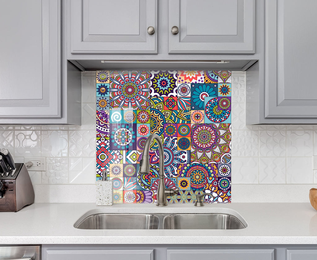 Vibrant Boho Mosaic Glass Kitchen Backsplash - Colorful Mandala Design-BacksplashArtworks