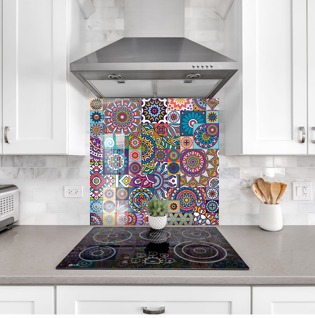 Vibrant Boho Mosaic Glass Kitchen Backsplash - Colorful Mandala Design-BacksplashArtworks