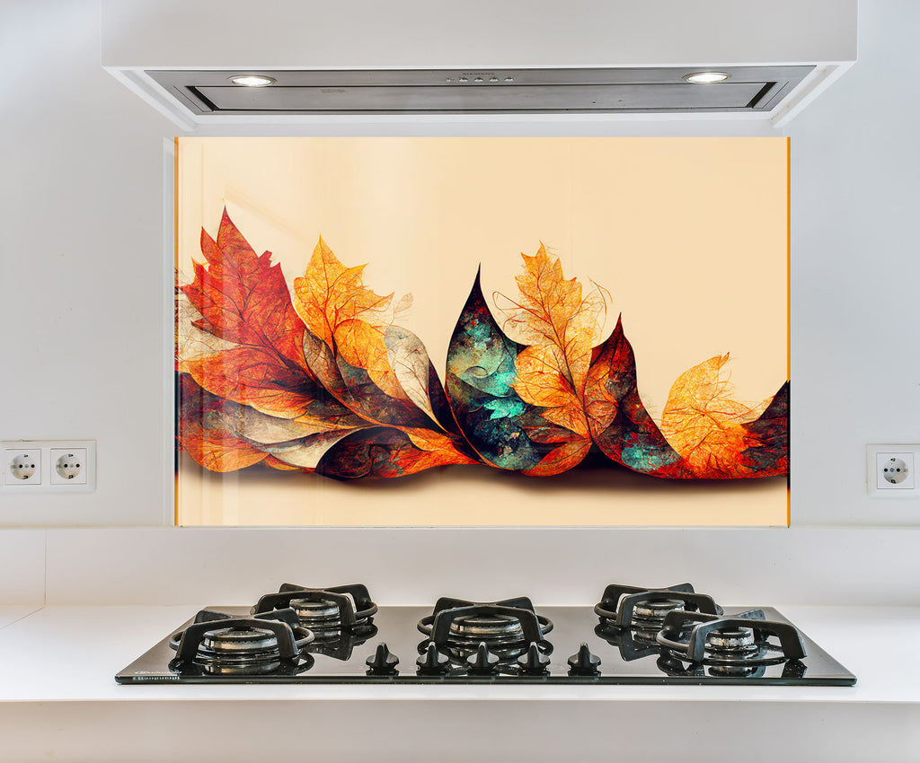 a painting of leaves on a wall above a stove