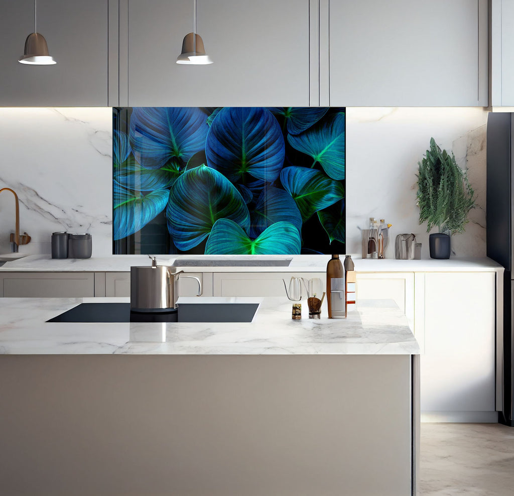 a kitchen with a marble counter top and white cabinets