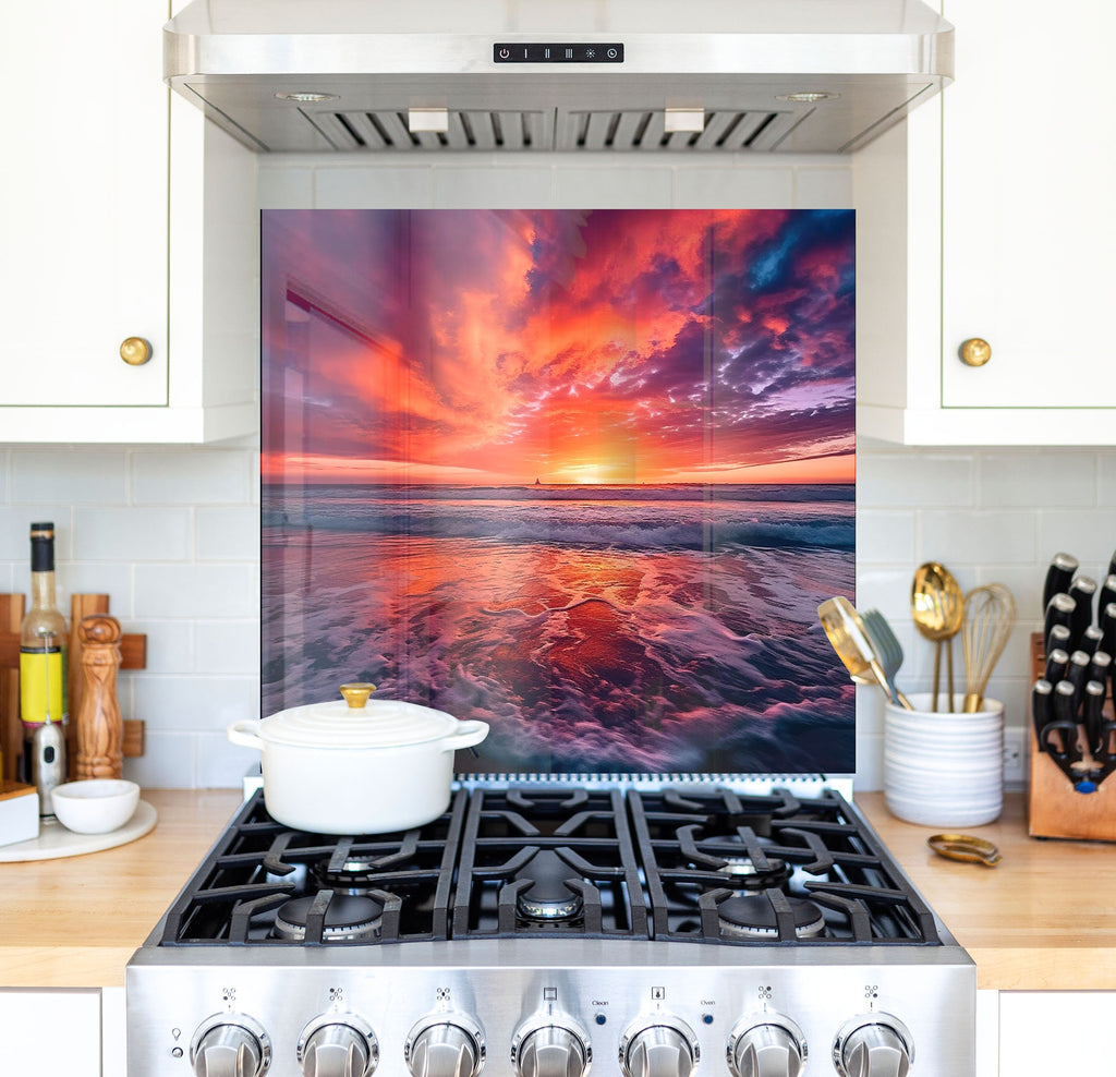 a painting of a sunset on a kitchen stove