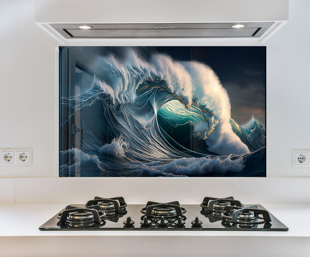 a picture of a wave on a wall above a stove